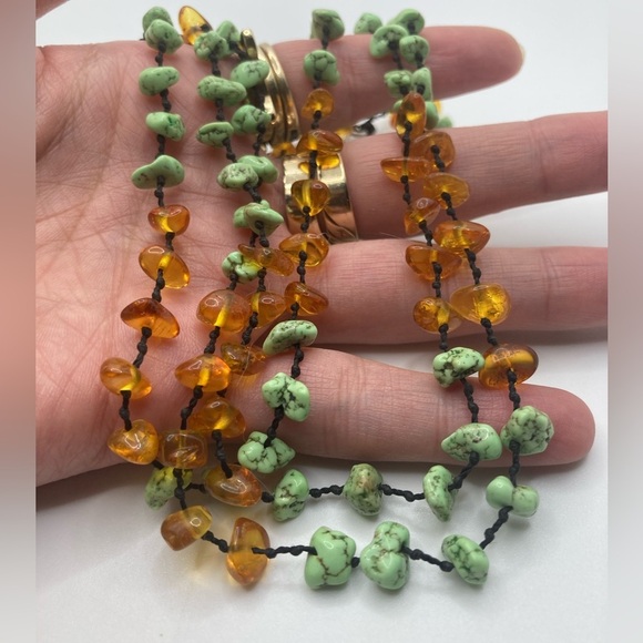 Vtg Sterling Amber Turquoise Pale Green Stone Multi Strand Knotted Silk 18” - Picture 6 of 8